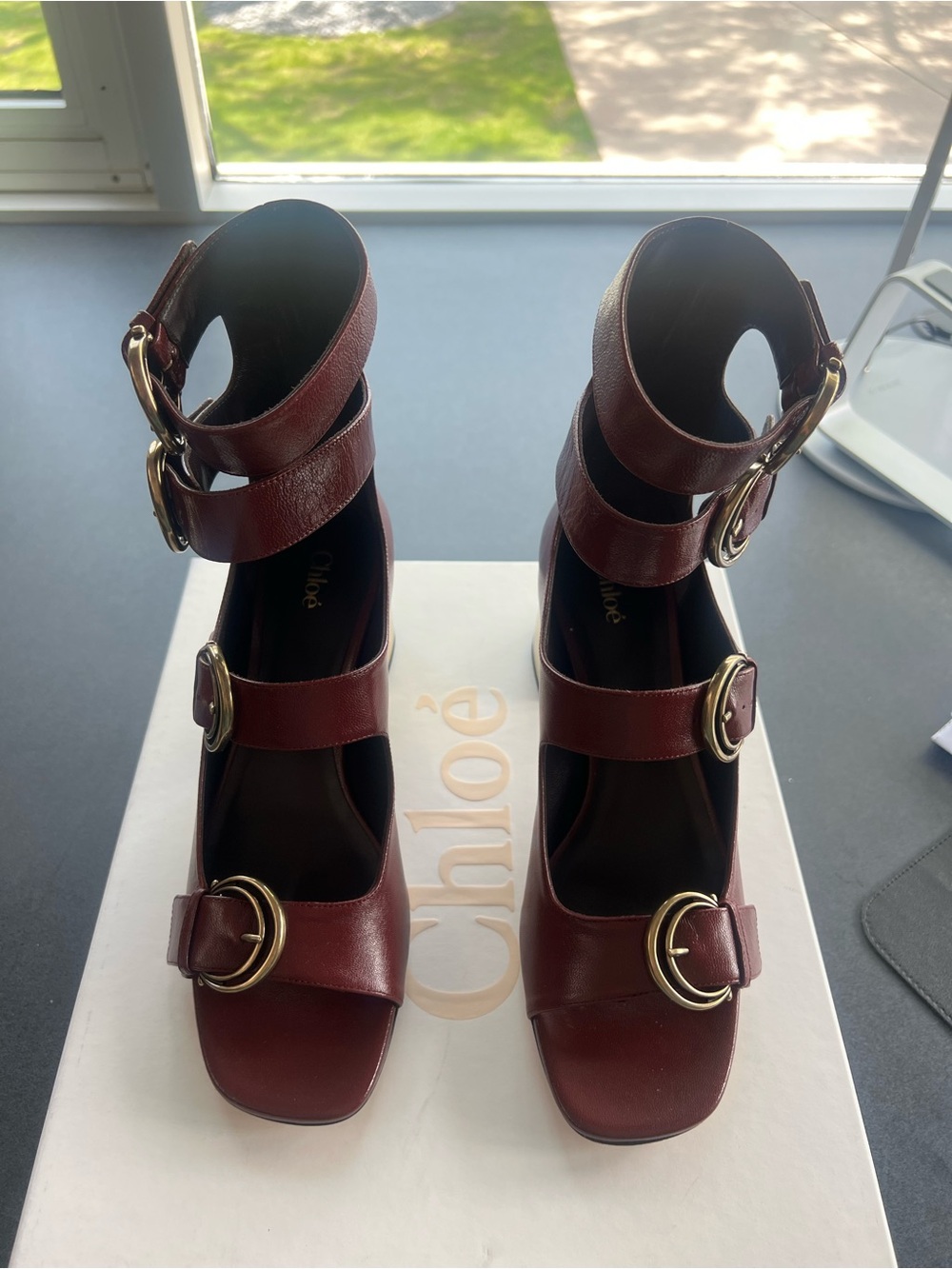 Chloe Plum Purple Triple-Buckle Leather Heels